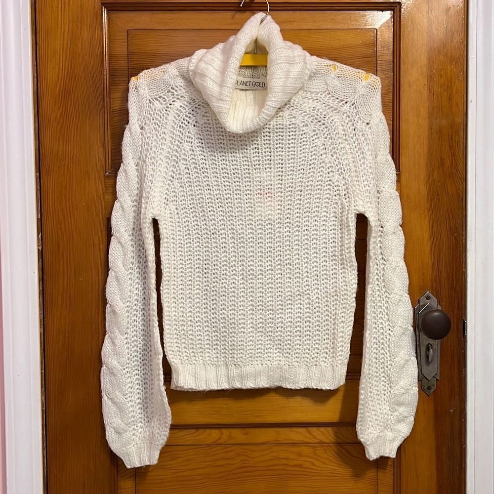 Planet Gold Egret Cozy Cables Cream Turtleneck Open Knit Sweater XS Women’s